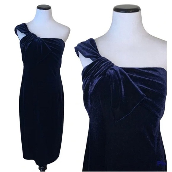 Vintage David Meister Navy Blue Velvet Bow One Shoulder Dress Size 10 Medium M - Picture 7 of 7